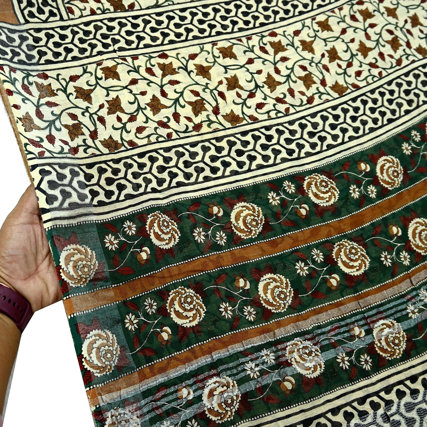 Indian Vintage Beige Sari Printed Pure Cotton Saree Craft Fabric 5Yd Soft Sewing Sarong Wrap Boho Fringes Dress making Crafting Quilting