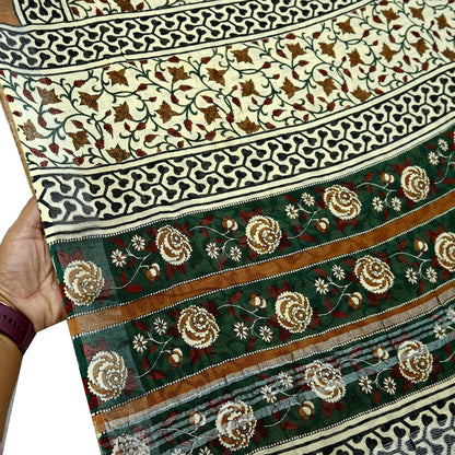 Indian Vintage Beige Sari Printed Pure Cotton Saree Craft Fabric 5Yd Soft Sewing Sarong Wrap Boho Fringes Dress making Crafting Quilting