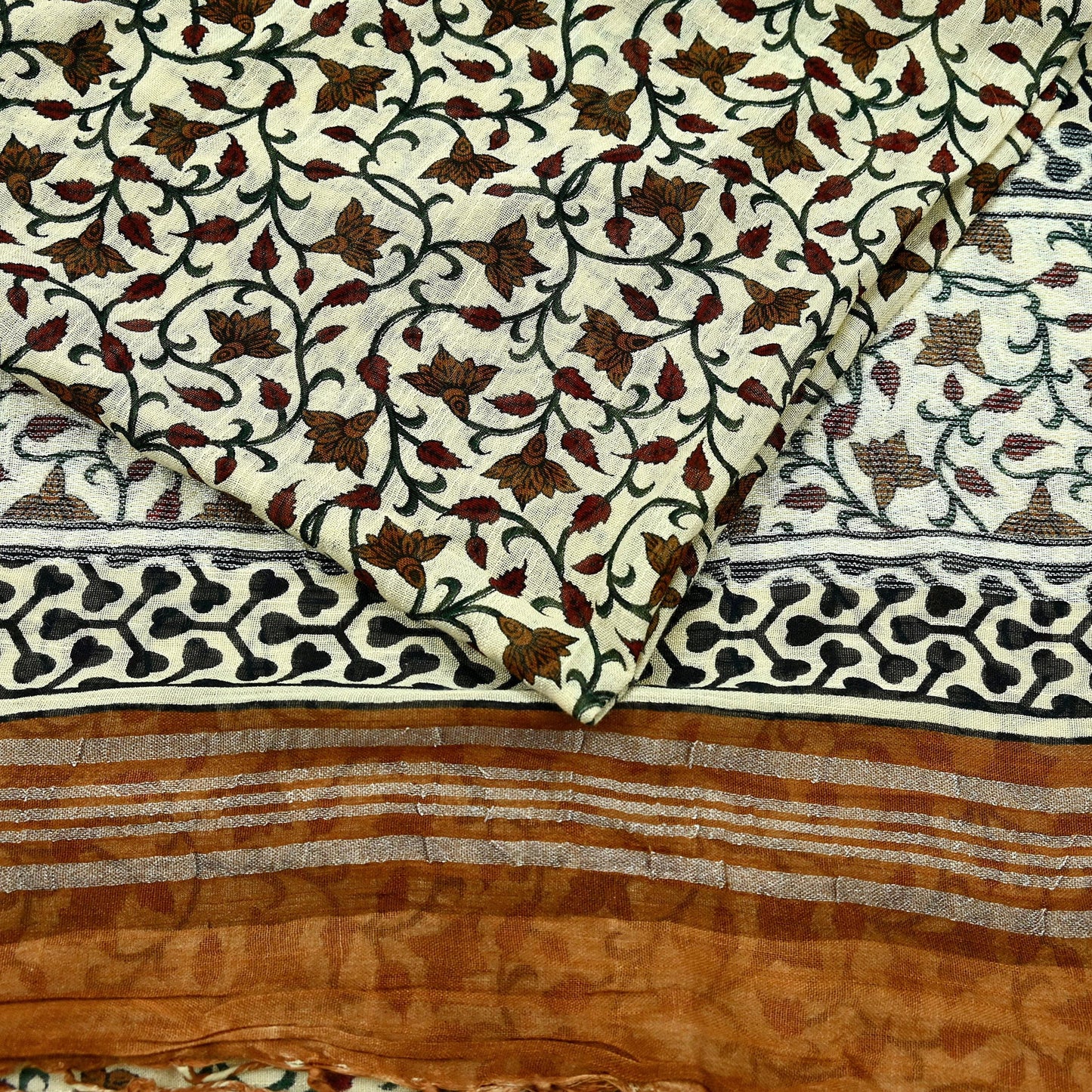 Indian Vintage Beige Sari Printed Pure Cotton Saree Craft Fabric 5Yd Soft Sewing Sarong Wrap Boho Fringes Dress making Crafting Quilting