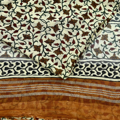 Indian Vintage Beige Sari Printed Pure Cotton Saree Craft Fabric 5Yd Soft Sewing Sarong Wrap Boho Fringes Dress making Crafting Quilting