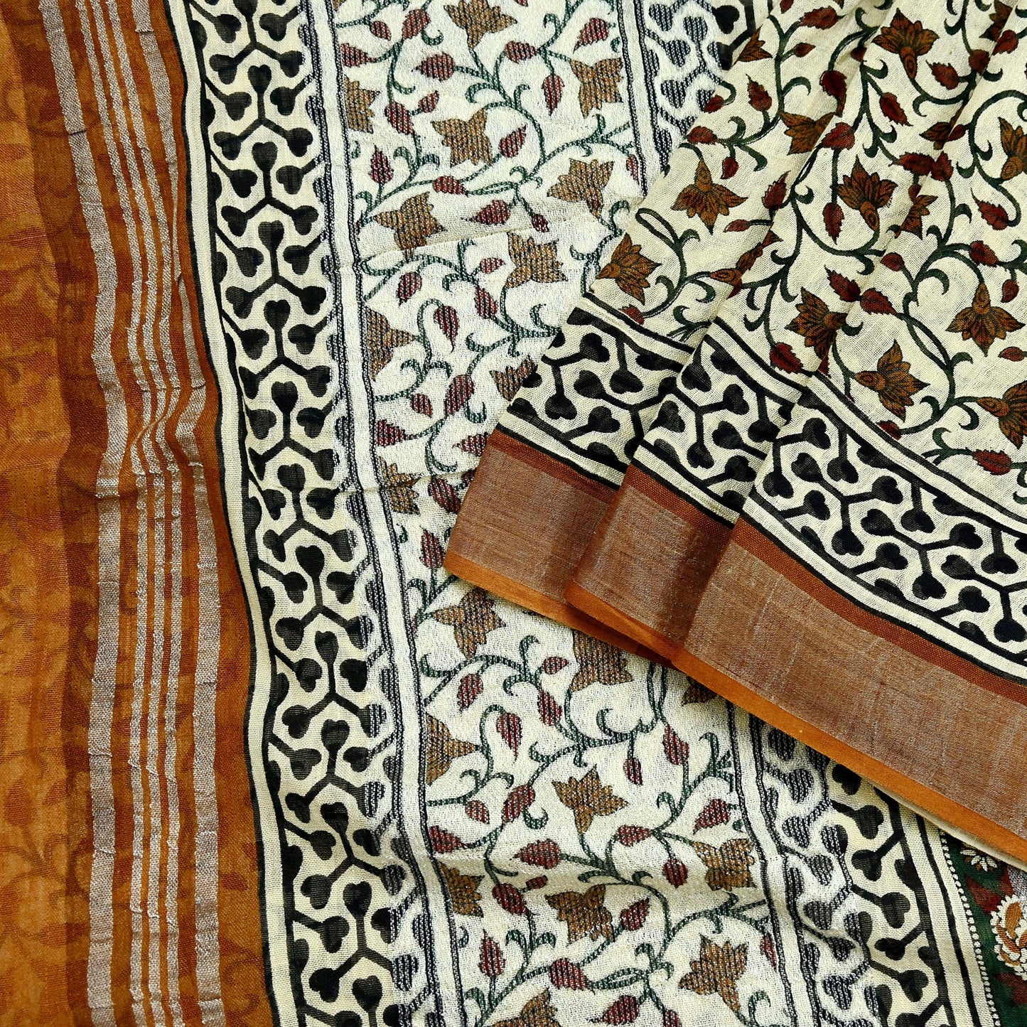 Indian Vintage Beige Sari Printed Pure Cotton Saree Craft Fabric 5Yd Soft Sewing Sarong Wrap Boho Fringes Dress making Crafting Quilting