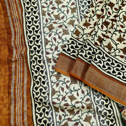 Indian Vintage Beige Sari Printed Pure Cotton Saree Craft Fabric 5Yd Soft Sewing Sarong Wrap Boho Fringes Dress making Crafting Quilting