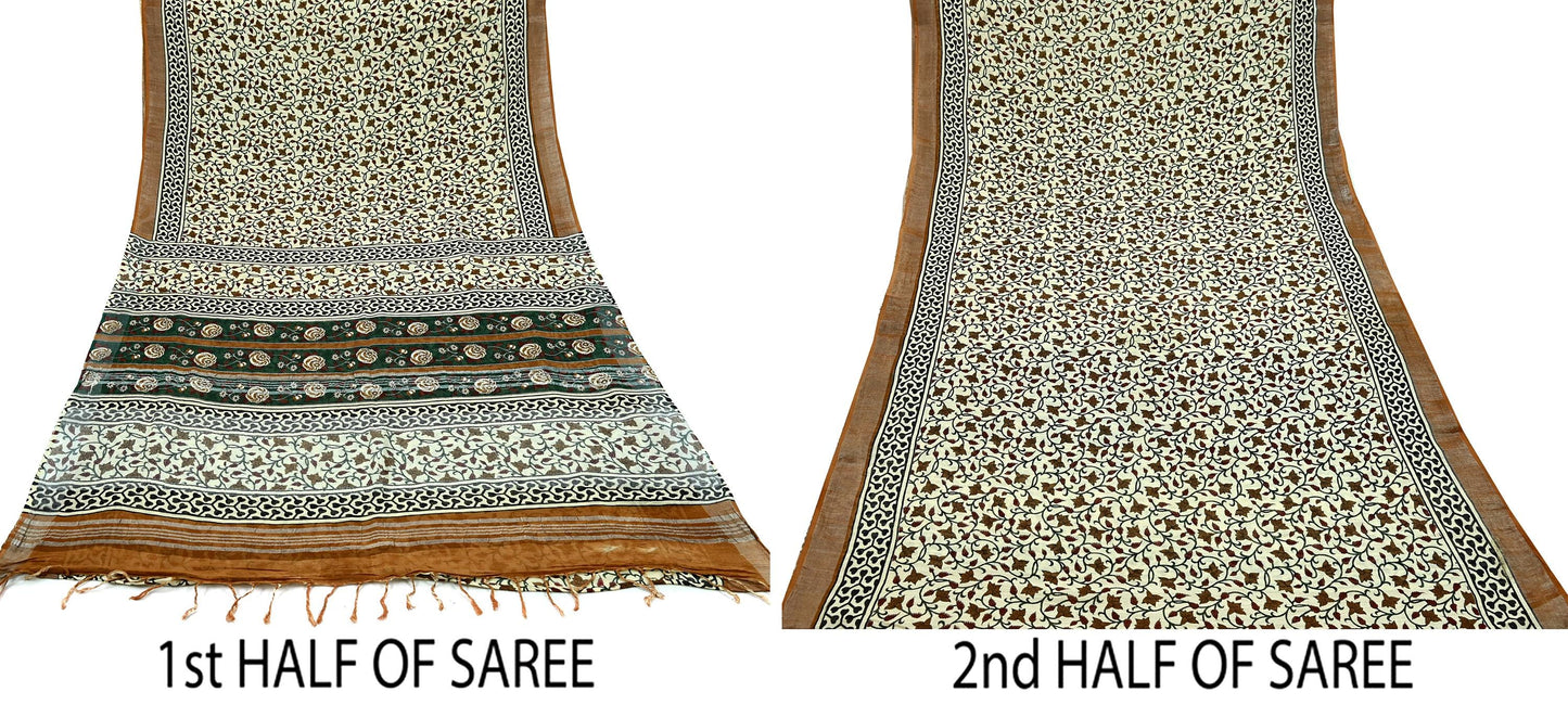 Indian Vintage Beige Sari Printed Pure Cotton Saree Craft Fabric 5Yd Soft Sewing Sarong Wrap Boho Fringes Dress making Crafting Quilting