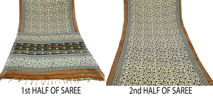 Indian Vintage Beige Sari Printed Pure Cotton Saree Craft Fabric 5Yd Soft Sewing Sarong Wrap Boho Fringes Dress making Crafting Quilting