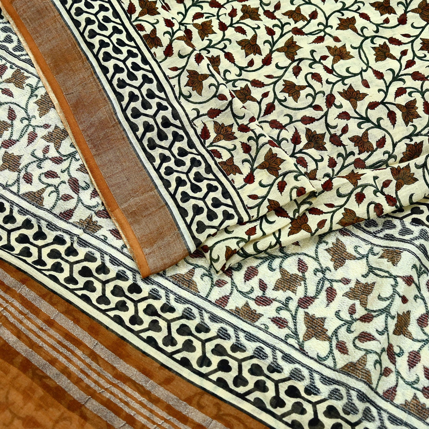 Indian Vintage Beige Sari Printed Pure Cotton Saree Craft Fabric 5Yd Soft Sewing Sarong Wrap Boho Fringes Dress making Crafting Quilting