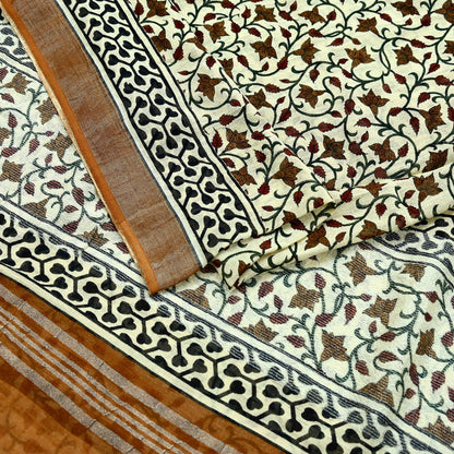 Indian Vintage Beige Sari Printed Pure Cotton Saree Craft Fabric 5Yd Soft Sewing Sarong Wrap Boho Fringes Dress making Crafting Quilting