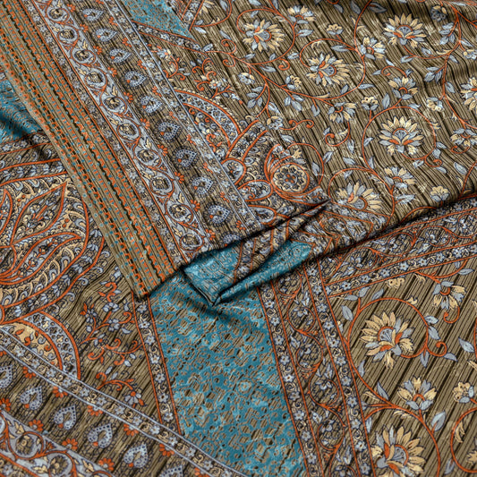 Indian Vintage Brown Artificial Silk Printed Saree Floral 6 Yards Soft Craft Fabric for Dressmaking, Décor, Quilting, Upcycling