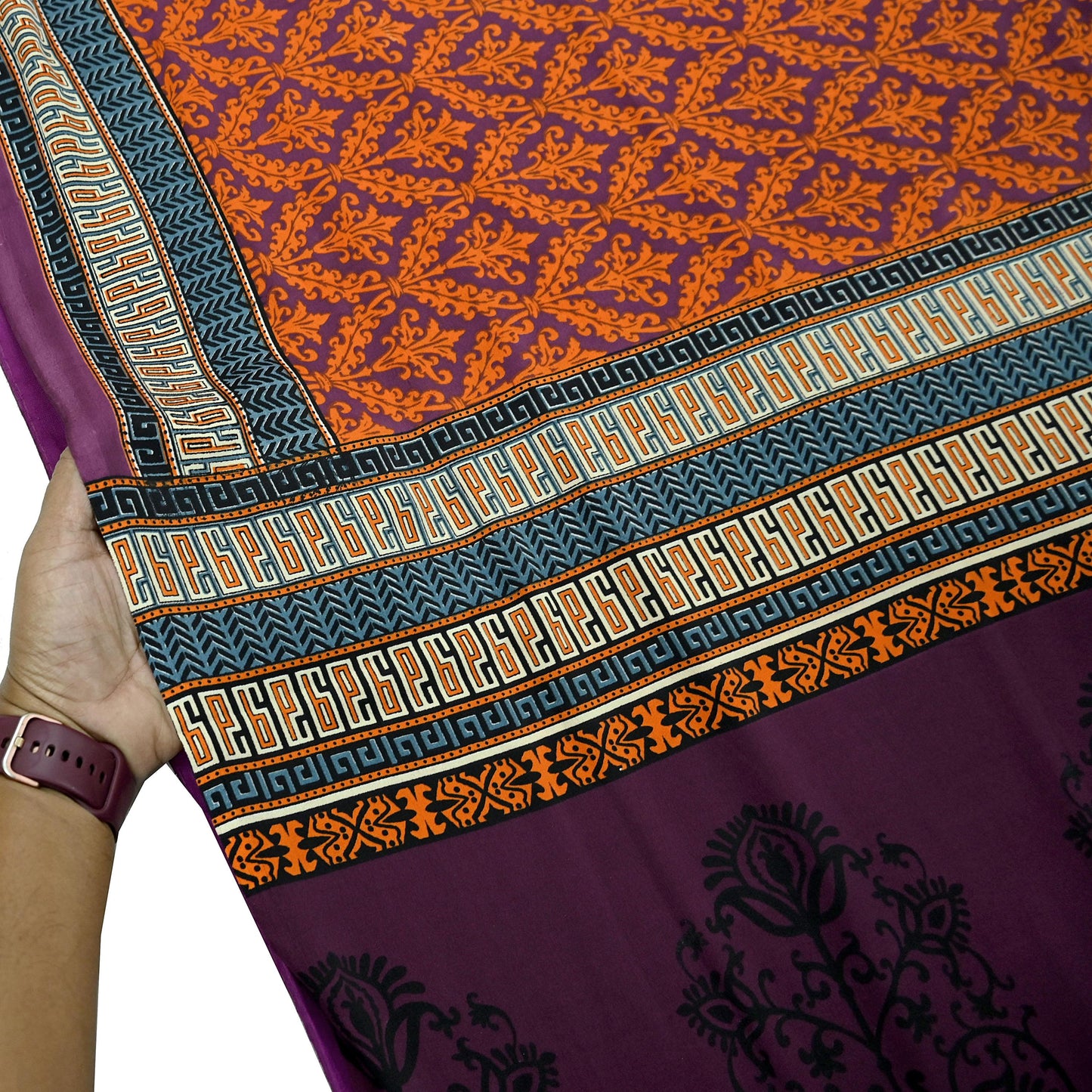 Indian Vintage Purple & Orange Moss Crepe Saree Printed Floral Sari Fabric 5 Yards Soft Craft Fabric Sewing, Dressmaking, Quilting,Upcycling