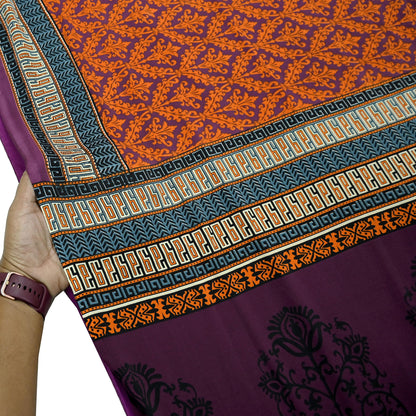 Indian Vintage Purple & Orange Moss Crepe Saree Printed Floral Sari Fabric 5 Yards Soft Craft Fabric Sewing, Dressmaking, Quilting,Upcycling
