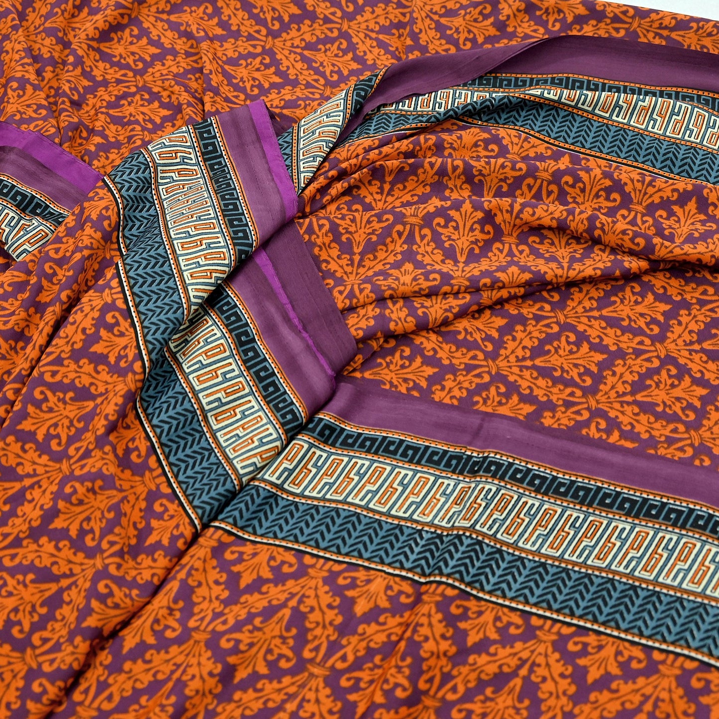 Indian Vintage Purple & Orange Moss Crepe Saree Printed Floral Sari Fabric 5 Yards Soft Craft Fabric Sewing, Dressmaking, Quilting,Upcycling