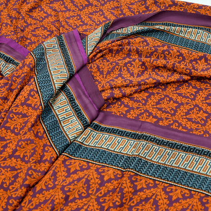Indian Vintage Purple & Orange Moss Crepe Saree Printed Floral Sari Fabric 5 Yards Soft Craft Fabric Sewing, Dressmaking, Quilting,Upcycling