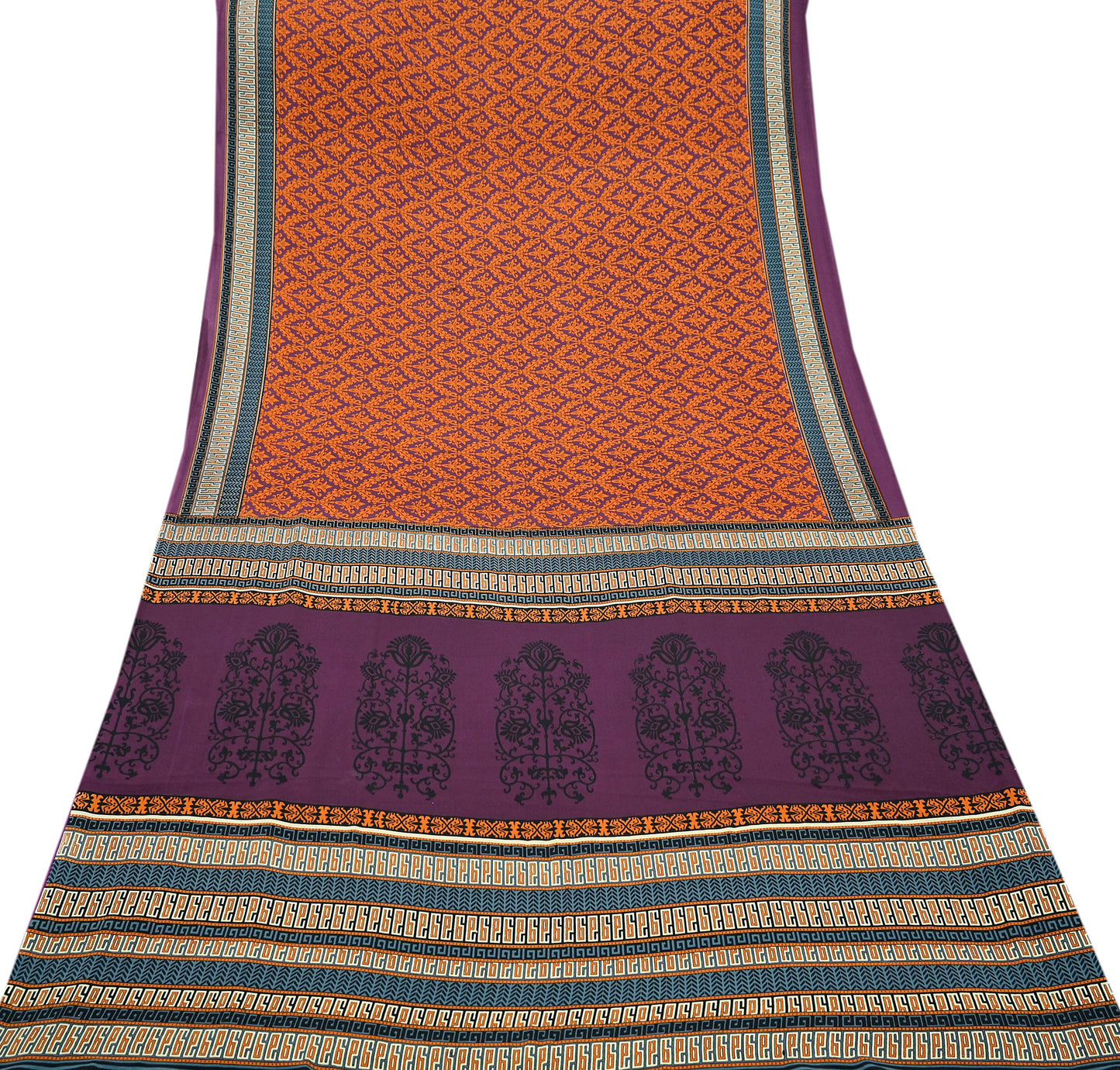 Indian Vintage Purple & Orange Moss Crepe Saree Printed Floral Sari Fabric 5 Yards Soft Craft Fabric Sewing, Dressmaking, Quilting,Upcycling