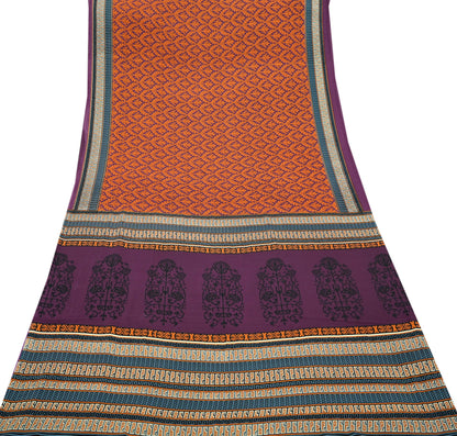 Indian Vintage Purple & Orange Moss Crepe Saree Printed Floral Sari Fabric 5 Yards Soft Craft Fabric Sewing, Dressmaking, Quilting,Upcycling