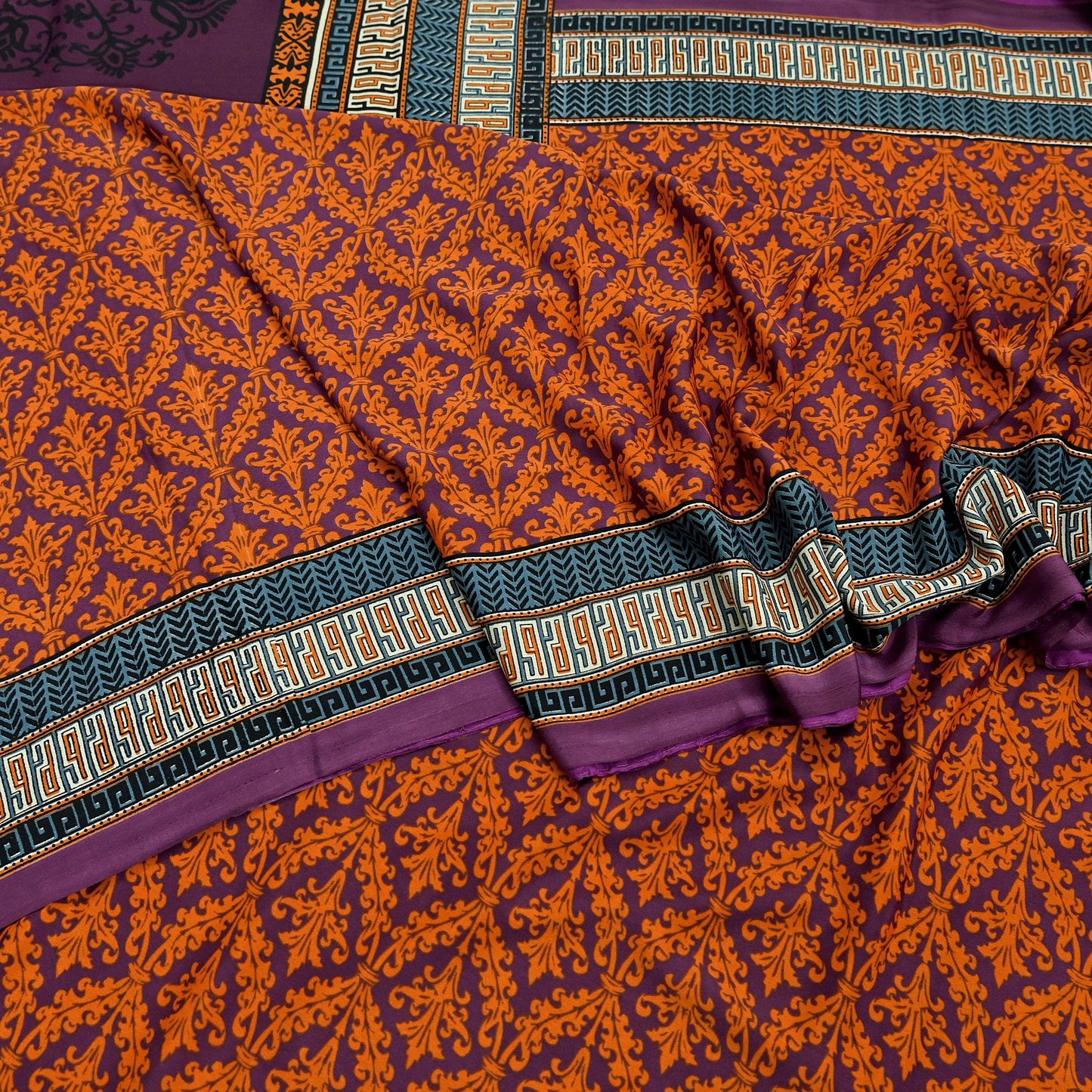 Indian Vintage Purple & Orange Moss Crepe Saree Printed Floral Sari Fabric 5 Yards Soft Craft Fabric Sewing, Dressmaking, Quilting,Upcycling