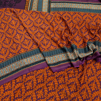 Indian Vintage Purple & Orange Moss Crepe Saree Printed Floral Sari Fabric 5 Yards Soft Craft Fabric Sewing, Dressmaking, Quilting,Upcycling