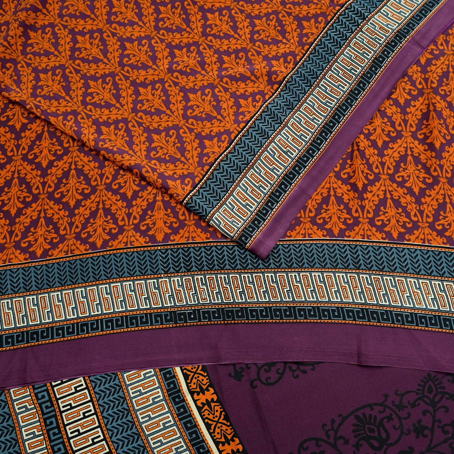 Indian Vintage Purple & Orange Moss Crepe Saree Printed Floral Sari Fabric 5 Yards Soft Craft Fabric Sewing, Dressmaking, Quilting,Upcycling