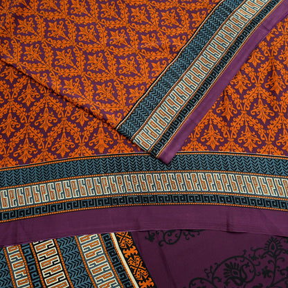 Indian Vintage Purple & Orange Moss Crepe Saree Printed Floral Sari Fabric 5 Yards Soft Craft Fabric Sewing, Dressmaking, Quilting,Upcycling