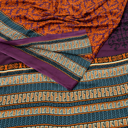Indian Vintage Purple & Orange Moss Crepe Saree Printed Floral Sari Fabric 5 Yards Soft Craft Fabric Sewing, Dressmaking, Quilting,Upcycling
