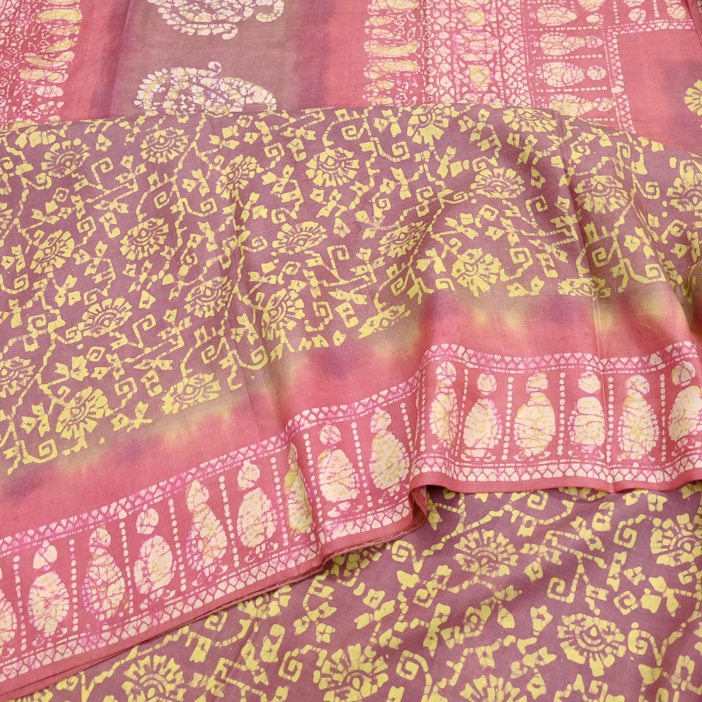 Indian Vintage Sari Pink & Brown Batik Printed Pure Silk Saree Craft Soft Fabric 5Yard Sewing Sarong Wrap Boho