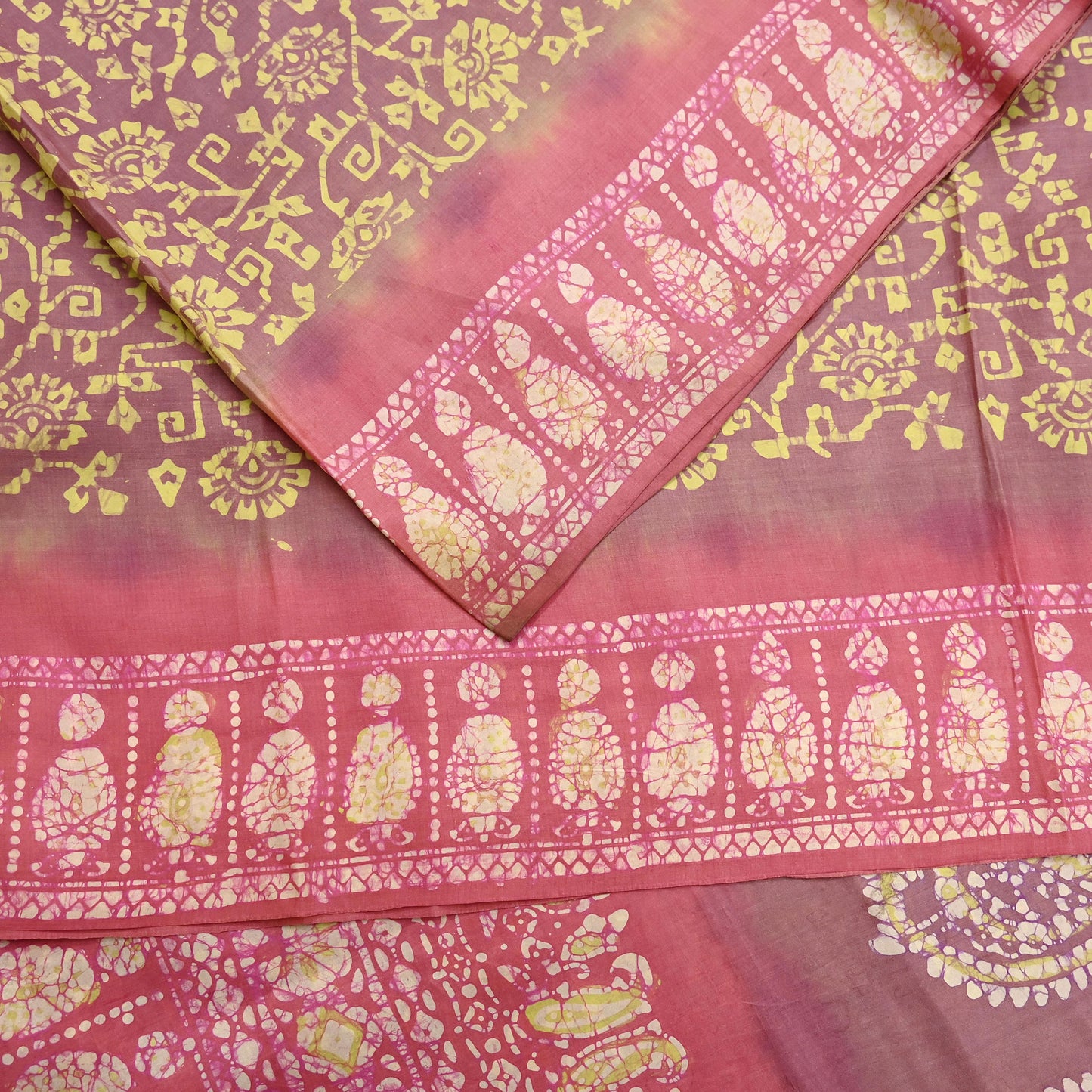 Indian Vintage Sari Pink & Brown Batik Printed Pure Silk Saree Craft Soft Fabric 5Yard Sewing Sarong Wrap Boho
