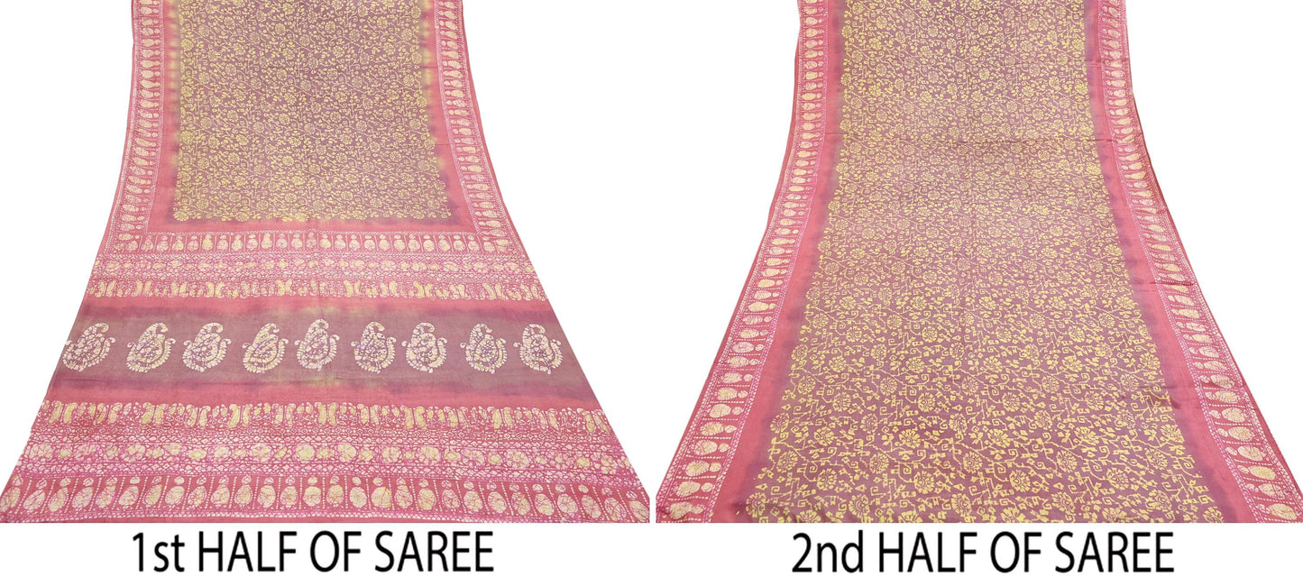 Indian Vintage Sari Pink & Brown Batik Printed Pure Silk Saree Craft Soft Fabric 5Yard Sewing Sarong Wrap Boho