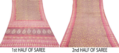 Indian Vintage Sari Pink & Brown Batik Printed Pure Silk Saree Craft Soft Fabric 5Yard Sewing Sarong Wrap Boho