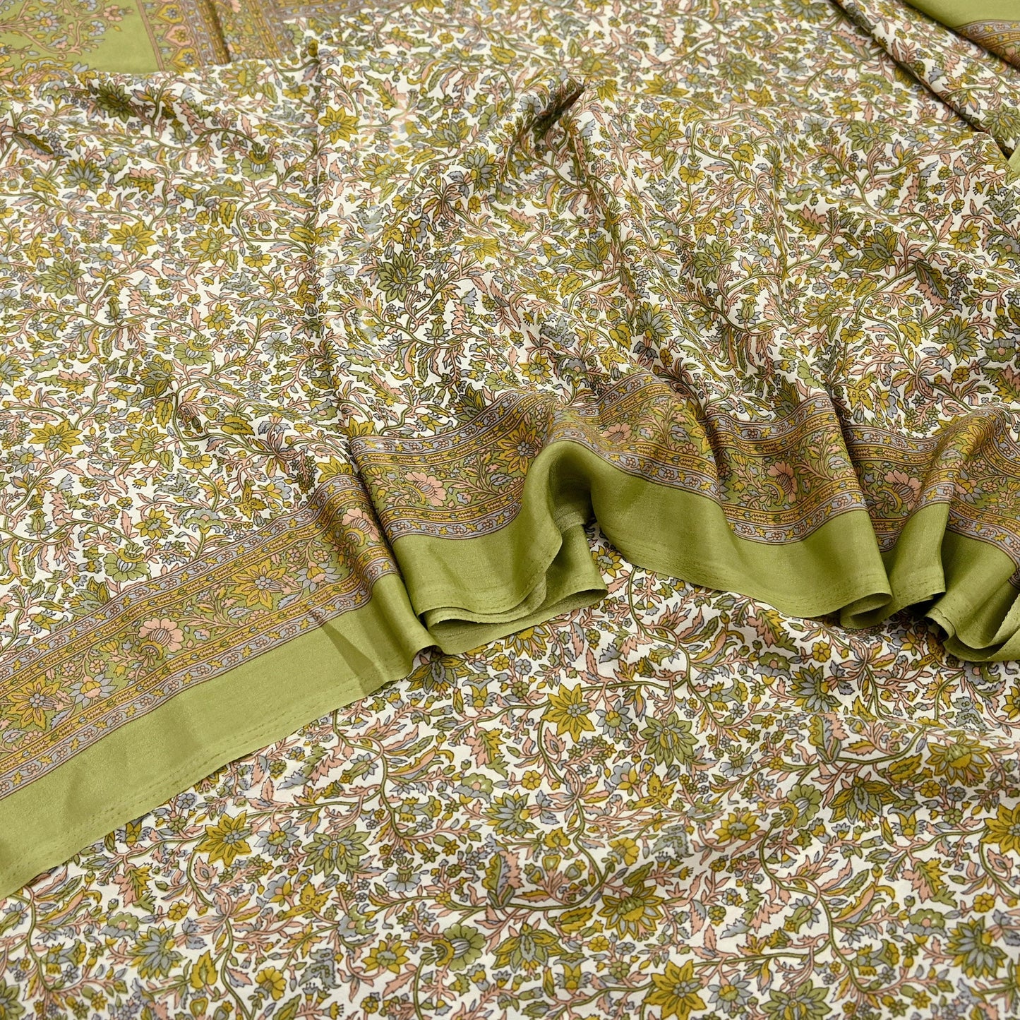 Indian Vintage Sari Printed Artificial silk Saree Fabric: White & Green Floral, 6yd Crafting Dressmaking Upcycle Quilting
