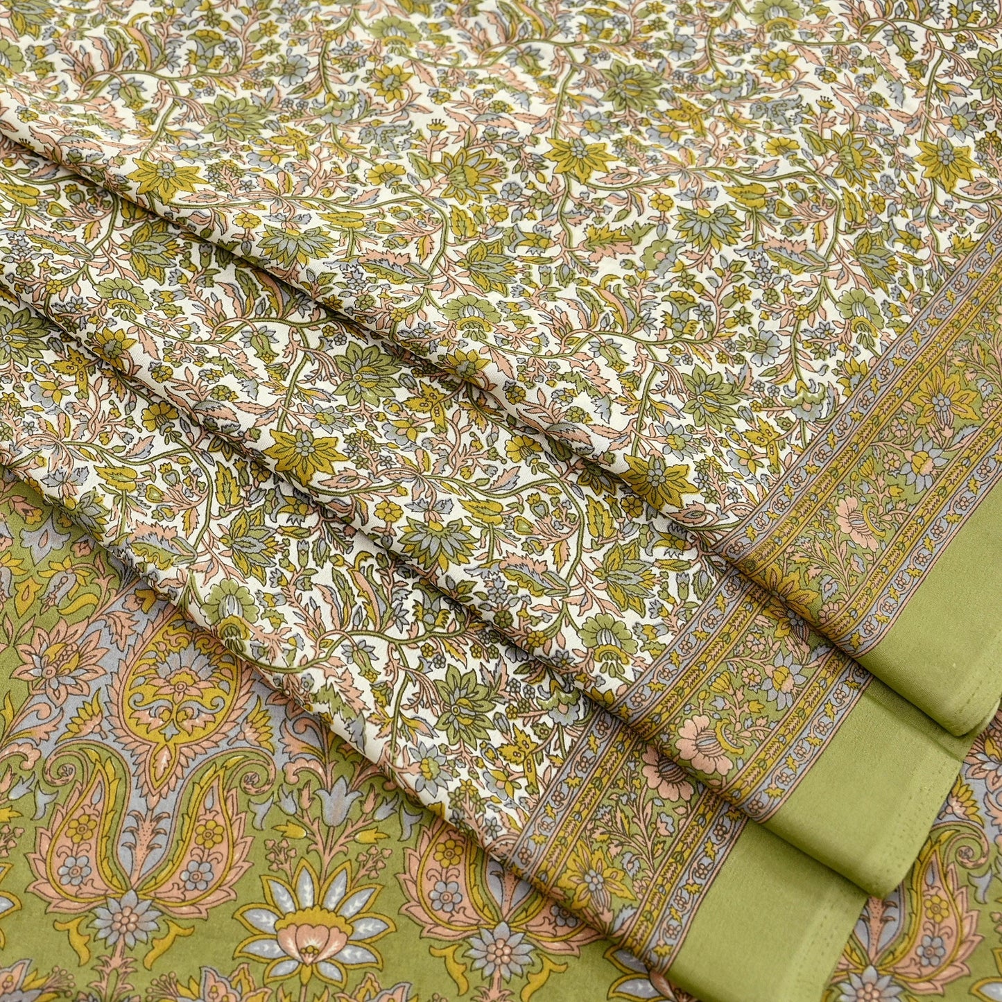 Indian Vintage Sari Printed Artificial silk Saree Fabric: White & Green Floral, 6yd Crafting Dressmaking Upcycle Quilting