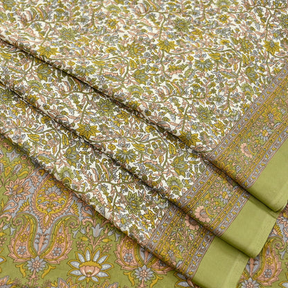 Indian Vintage Sari Printed Artificial silk Saree Fabric: White & Green Floral, 6yd Crafting Dressmaking Upcycle Quilting