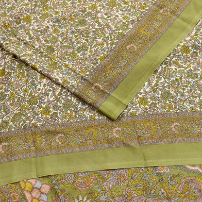 Indian Vintage Sari Printed Artificial silk Saree Fabric: White & Green Floral, 6yd Crafting Dressmaking Upcycle Quilting