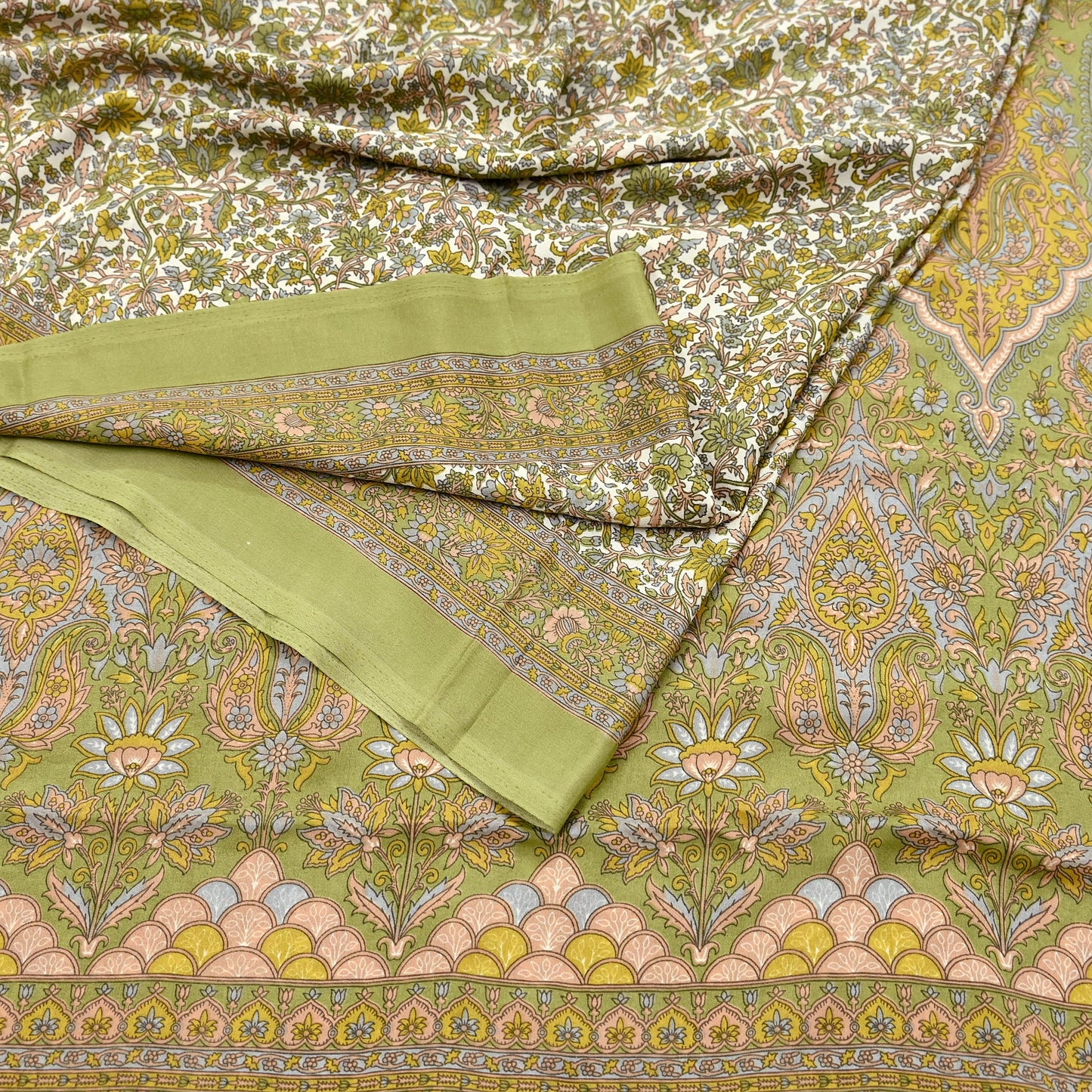 Indian Vintage Sari Printed Artificial silk Saree Fabric: White & Green Floral, 6yd Crafting Dressmaking Upcycle Quilting