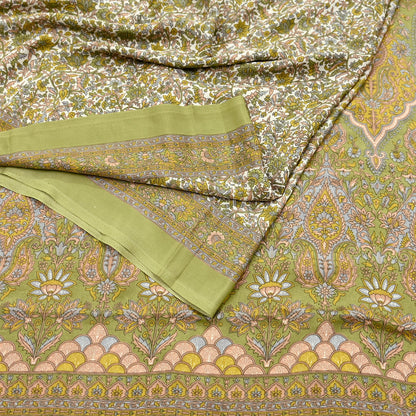 Indian Vintage Sari Printed Artificial silk Saree Fabric: White & Green Floral, 6yd Crafting Dressmaking Upcycle Quilting