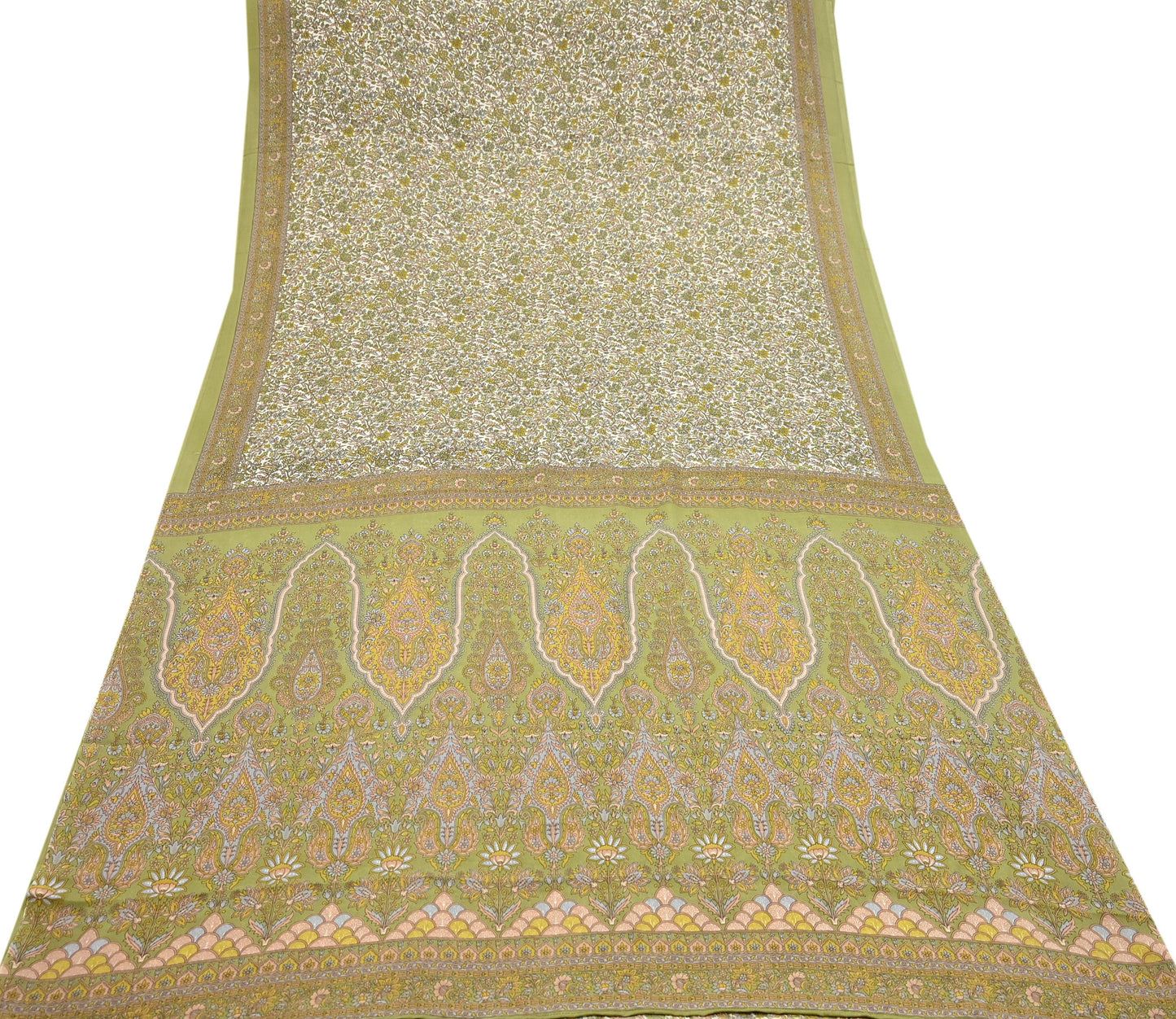 Indian Vintage Sari Printed Artificial silk Saree Fabric: White & Green Floral, 6yd Crafting Dressmaking Upcycle Quilting