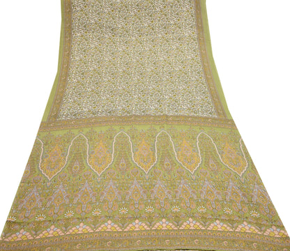 Indian Vintage Sari Printed Artificial silk Saree Fabric: White & Green Floral, 6yd Crafting Dressmaking Upcycle Quilting