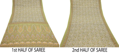 Indian Vintage Sari Printed Artificial silk Saree Fabric: White & Green Floral, 6yd Crafting Dressmaking Upcycle Quilting