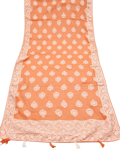 Indian Vintage Orange Dupatta Long Stole Woven Cotton Scarves Veil Fringes Soft Floral Design