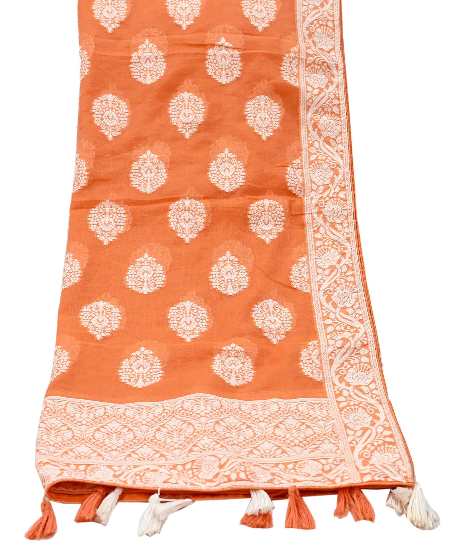 Indian Vintage Orange Dupatta Long Stole Woven Cotton Scarves Veil Fringes Soft Floral Design