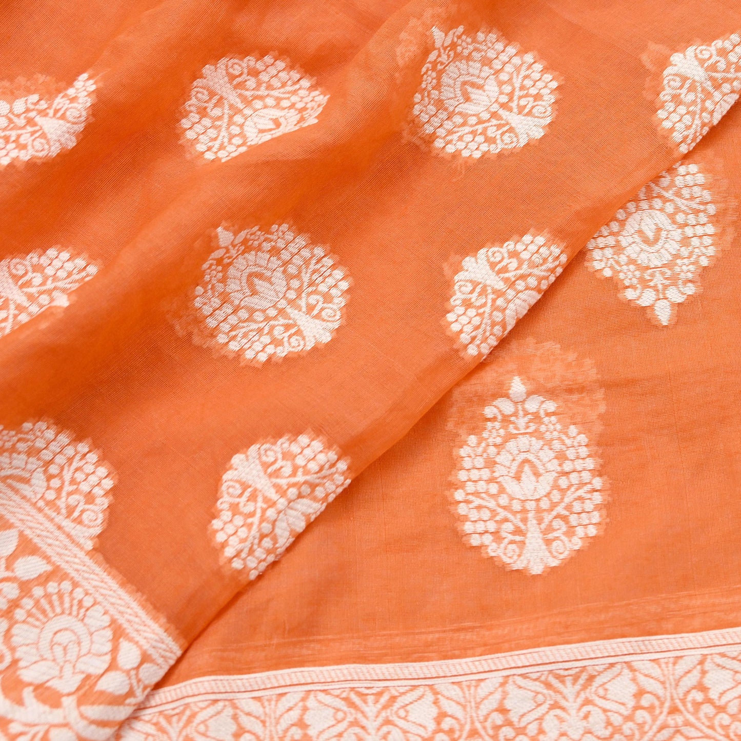 Indian Vintage Orange Dupatta Long Stole Woven Cotton Scarves Veil Fringes Soft Floral Design