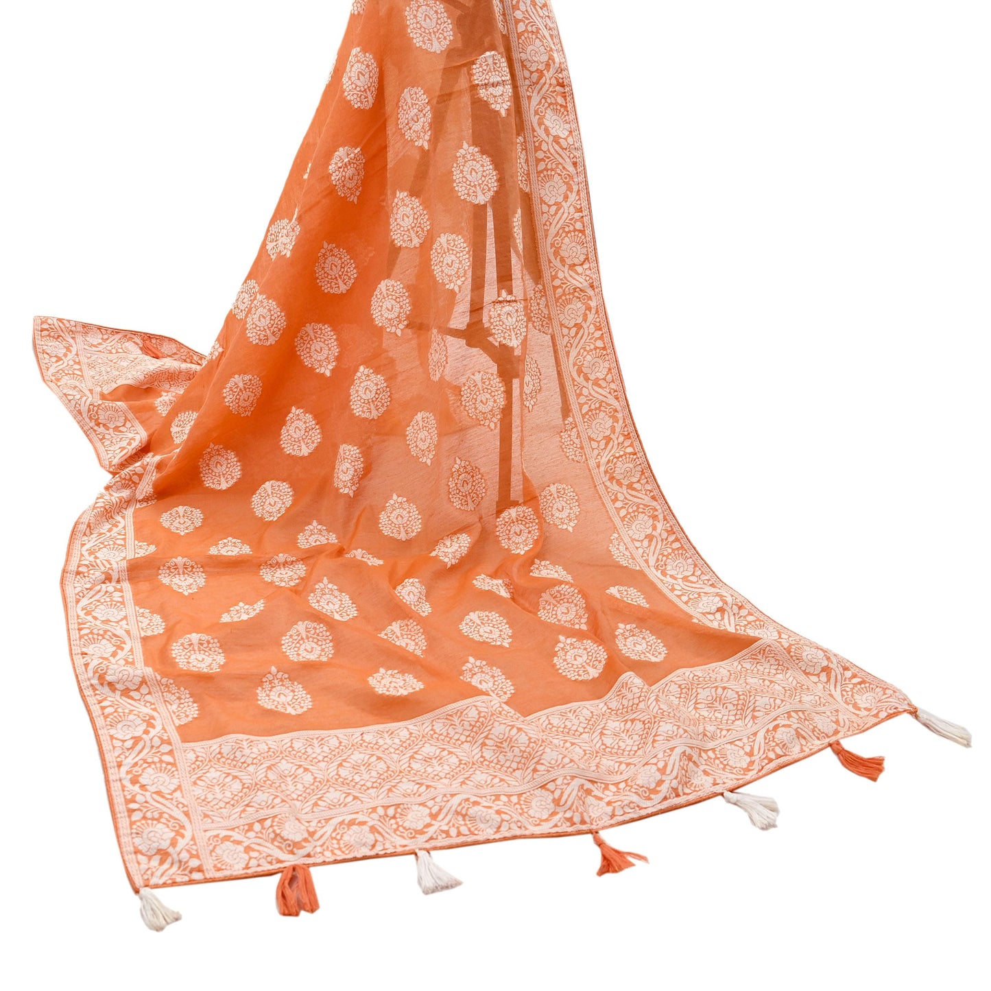 Indian Vintage Orange Dupatta Long Stole Woven Cotton Scarves Veil Fringes Soft Floral Design