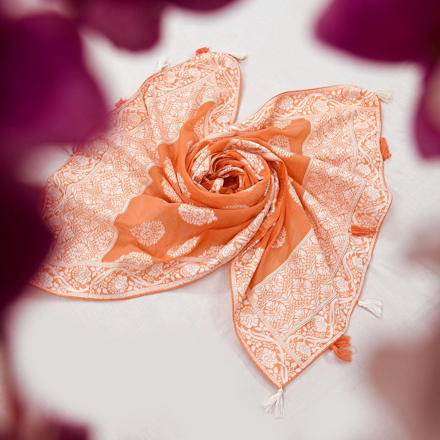 Indian Vintage Orange Dupatta Long Stole Woven Cotton Scarves Veil Fringes Soft Floral Design