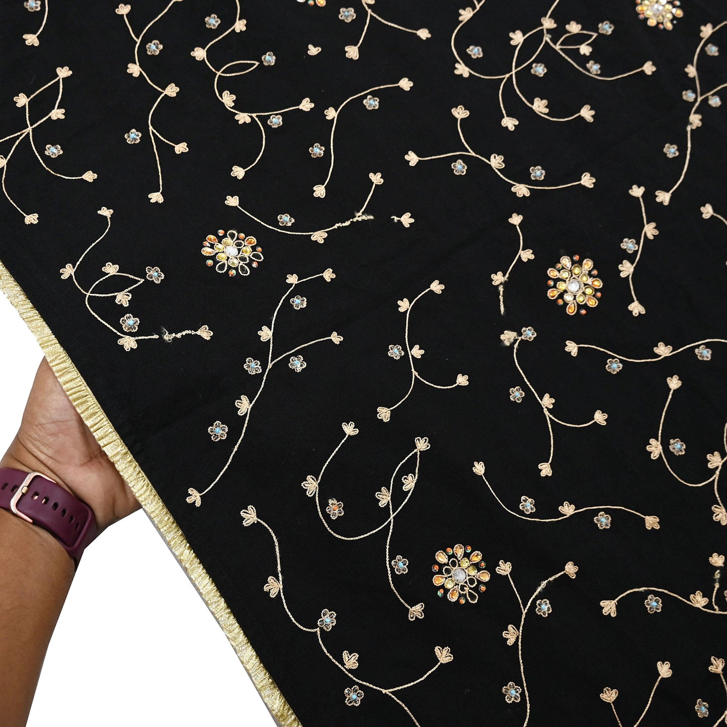 Indian Vintage Black Blend Cotton Dupatta Hand Embroidered Floral Scarf with Thread work beaded golden lace