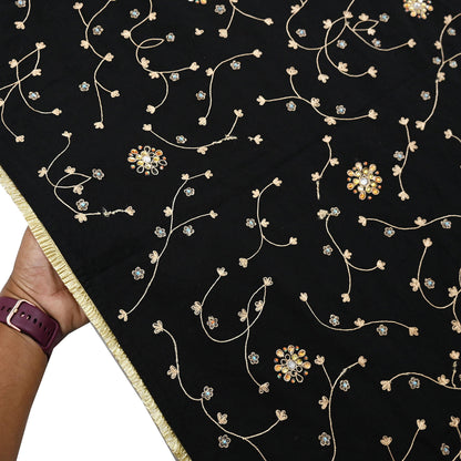 Indian Vintage Black Blend Cotton Dupatta Hand Embroidered Floral Scarf with Thread work beaded golden lace