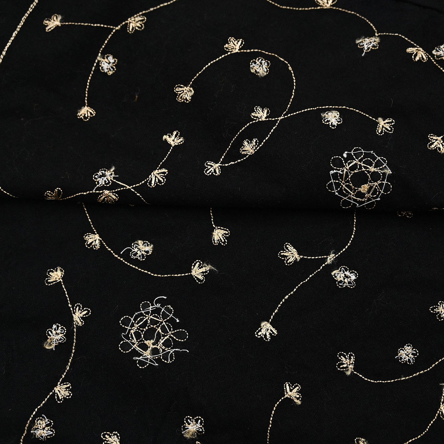Indian Vintage Black Blend Cotton Dupatta Hand Embroidered Floral Scarf with Thread work beaded golden lace