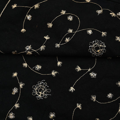 Indian Vintage Black Blend Cotton Dupatta Hand Embroidered Floral Scarf with Thread work beaded golden lace