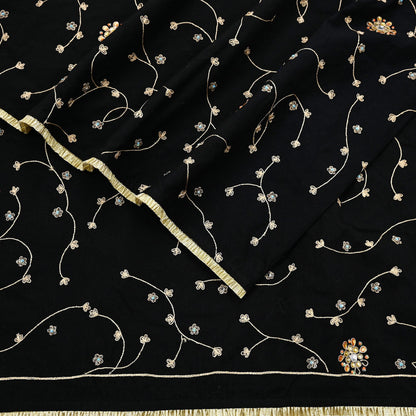 Indian Vintage Black Blend Cotton Dupatta Hand Embroidered Floral Scarf with Thread work beaded golden lace