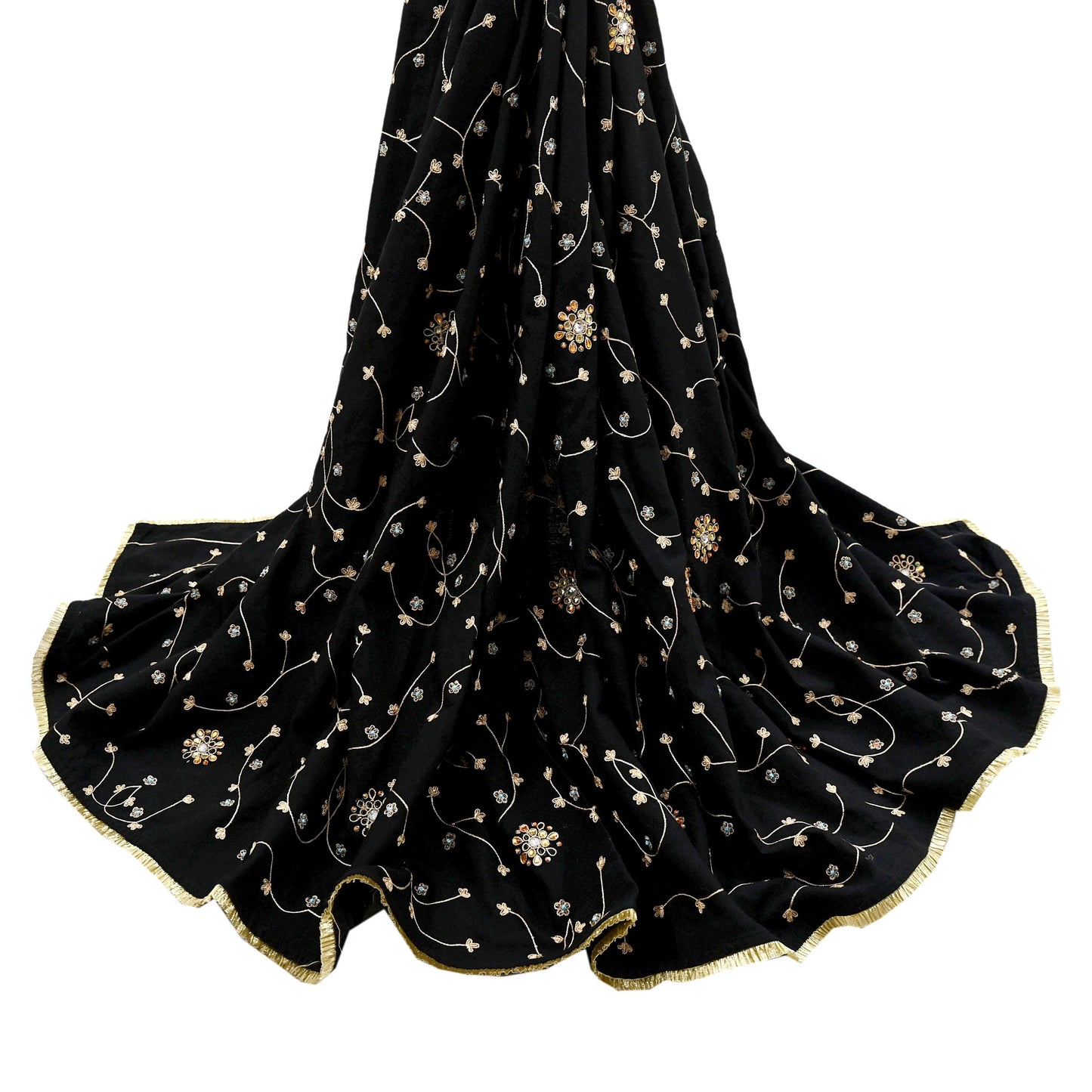 Indian Vintage Black Blend Cotton Dupatta Hand Embroidered Floral Scarf with Thread work beaded golden lace