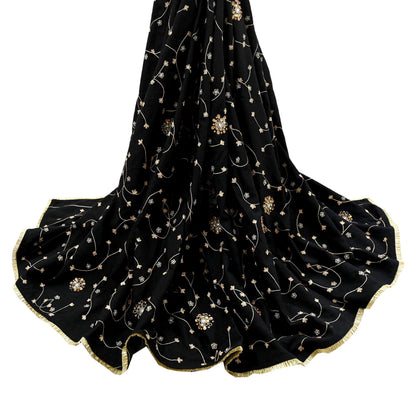 Indian Vintage Black Blend Cotton Dupatta Hand Embroidered Floral Scarf with Thread work beaded golden lace