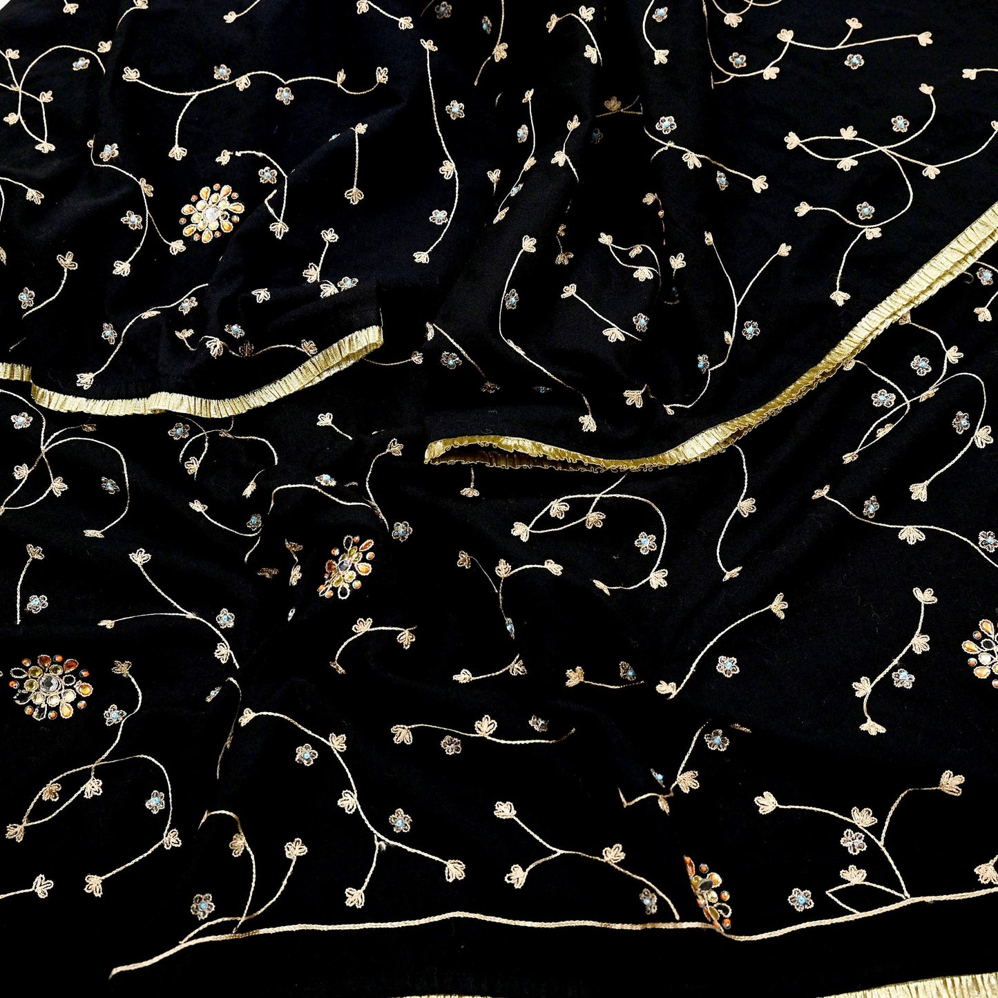 Indian Vintage Black Blend Cotton Dupatta Hand Embroidered Floral Scarf with Thread work beaded golden lace
