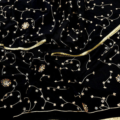 Indian Vintage Black Blend Cotton Dupatta Hand Embroidered Floral Scarf with Thread work beaded golden lace