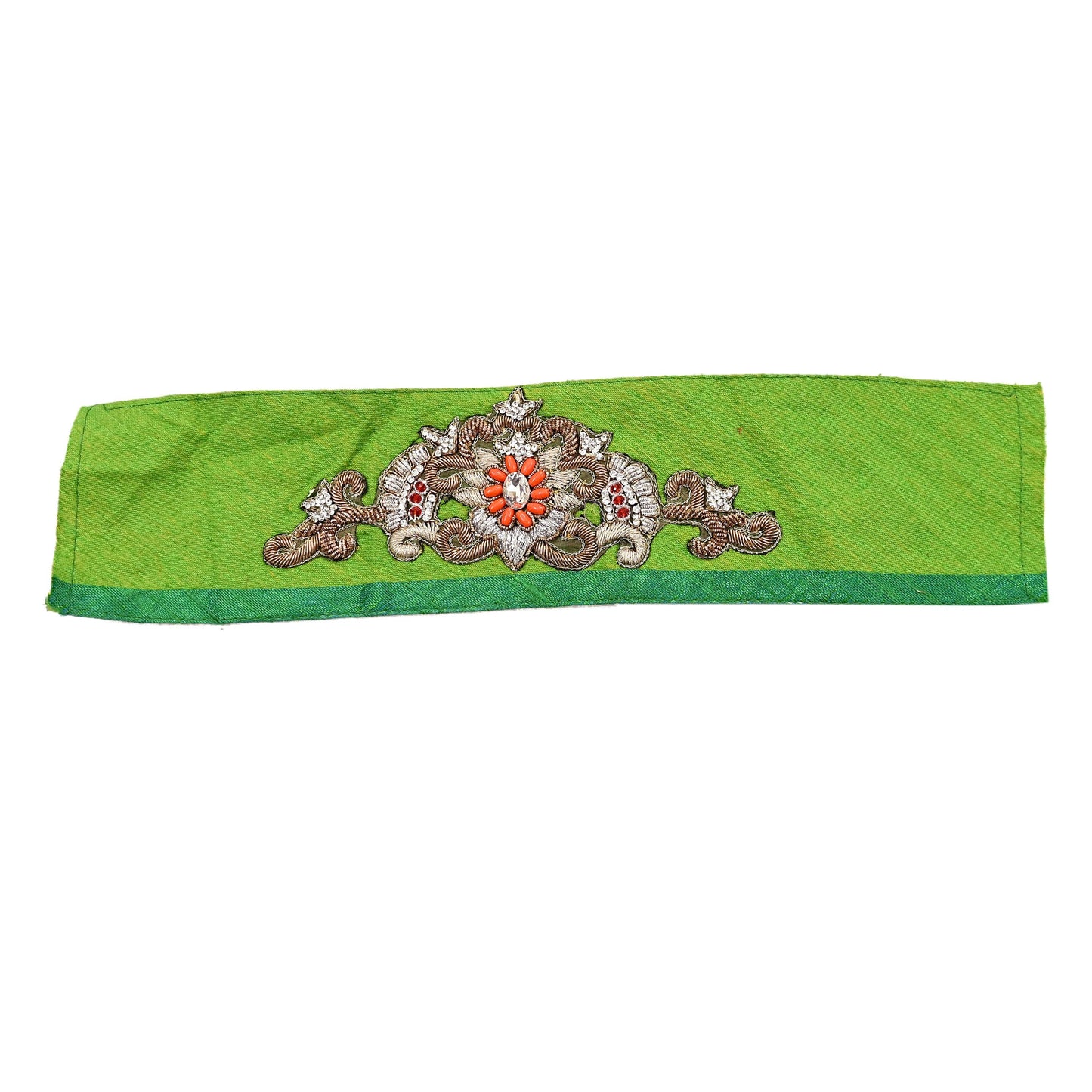 Indian Vintage Green Cotton Appliques/Patches  Set of 2 | Hand-Embroidered Floral Patches with Zardozi, Dabka, for Craft, Journals